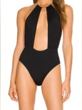 WeWoreWhat Black Halter Cutout One-Piece Swim Bodysuit with Gold Necklace